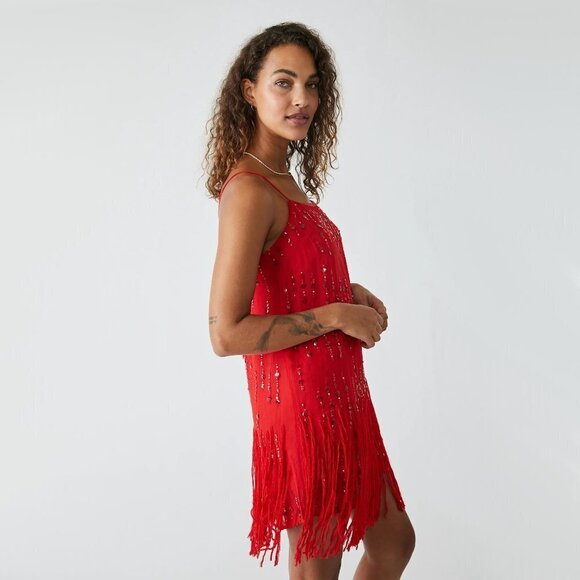 NWT Free People red fringe trim sequin embellished mini dress, XS - Picture 8 of 15
